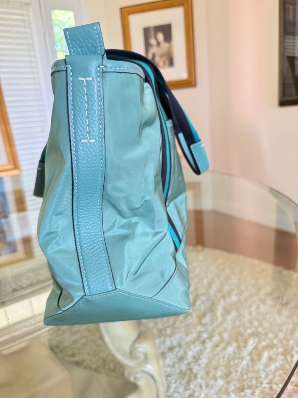 COACH CA208 Ellis Tote Bag Teal Nylon Medium Navy Cotton Straps Hang Tag - Picture 10 of 14